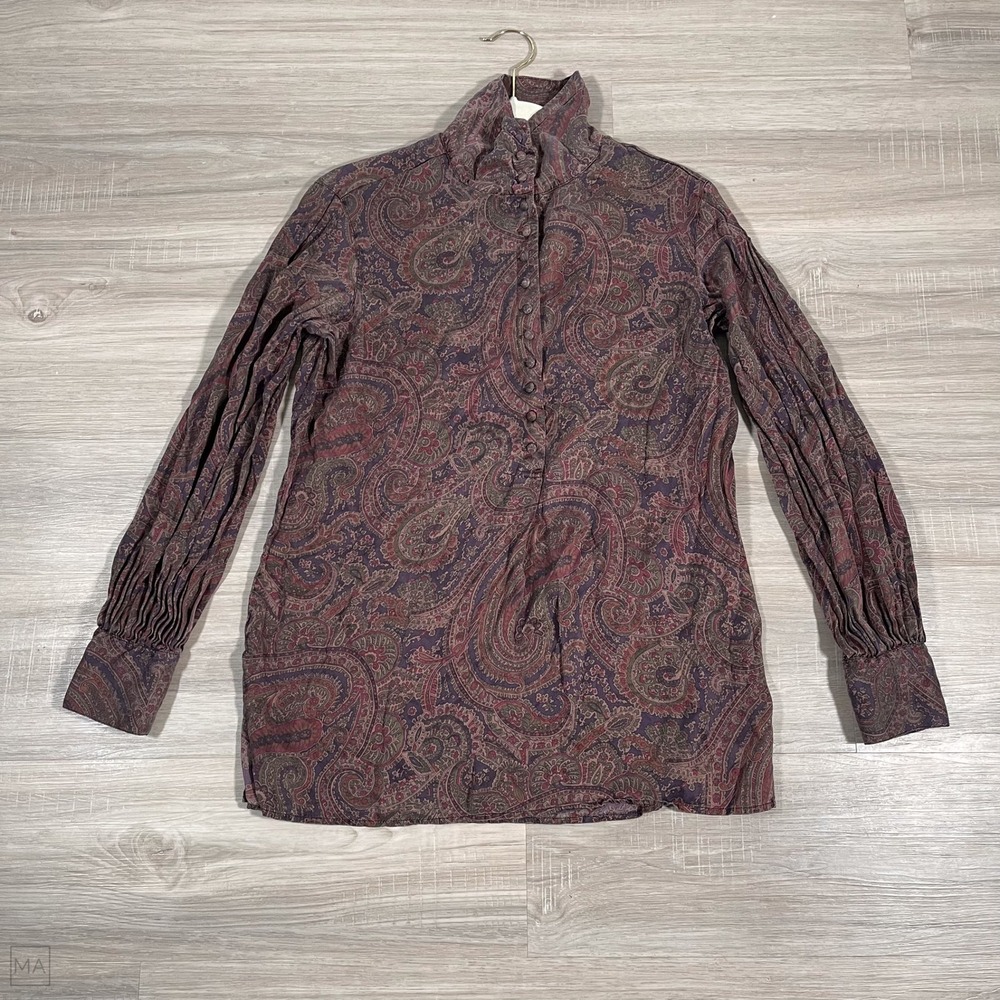 Lauren Ralph Lauren Women's Blouse 100% Silk Paisley Button Up Pullover M Brown